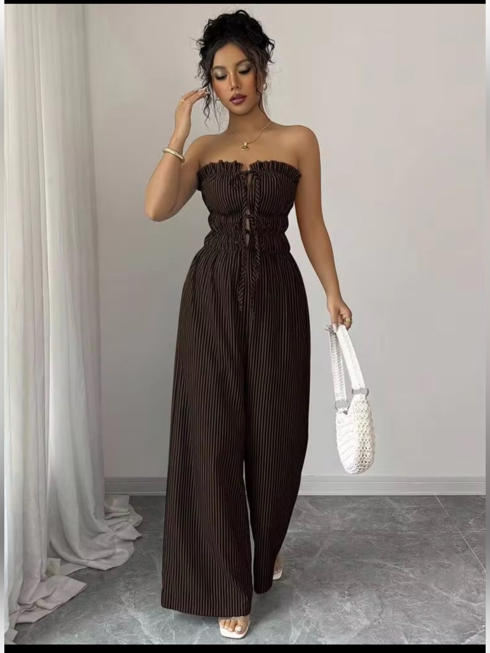 Strapless Smocked Wide-Leg Jumpsuit in Dark Brown & Black